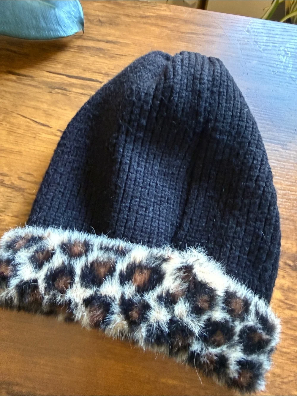 Black Beanie with Leopard Faux-Fur Cuff